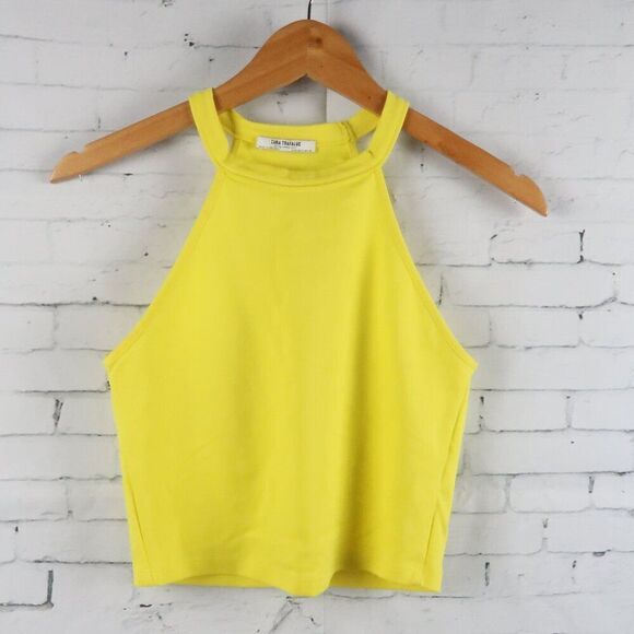 ZARA TRAFALUC BRIGHT YELLOW HIGH NECK HALTER CROPPED TOP SIZE SMALL - Picture 1 of 4